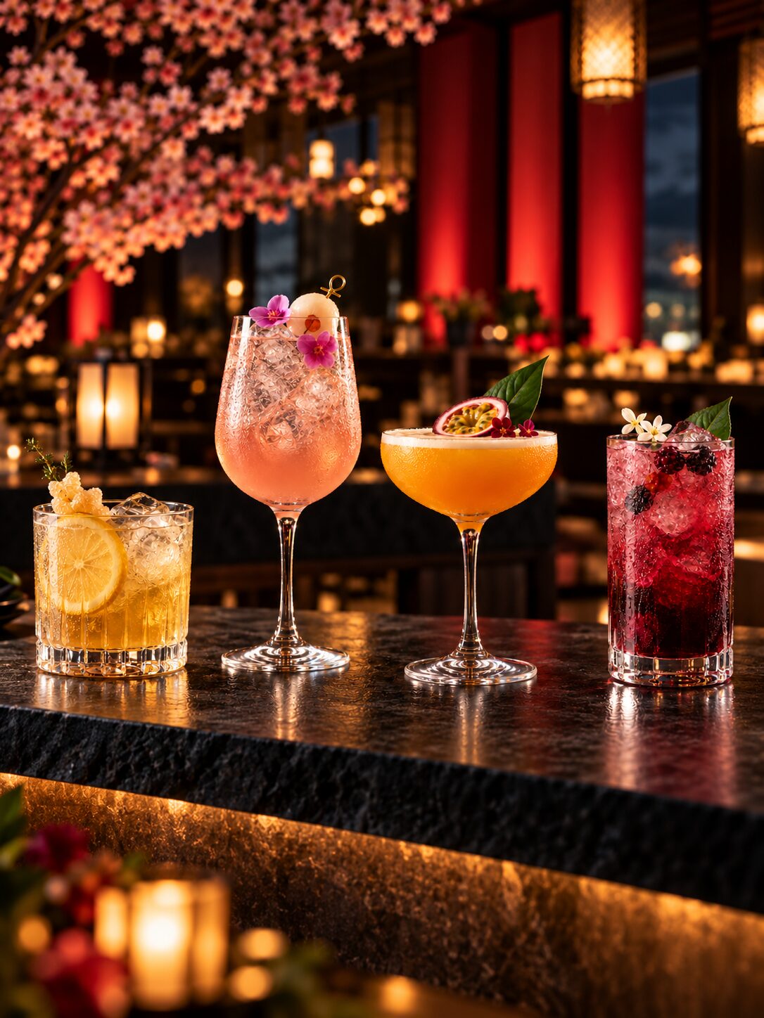 Signature Cocktails mit floraler Garnitur